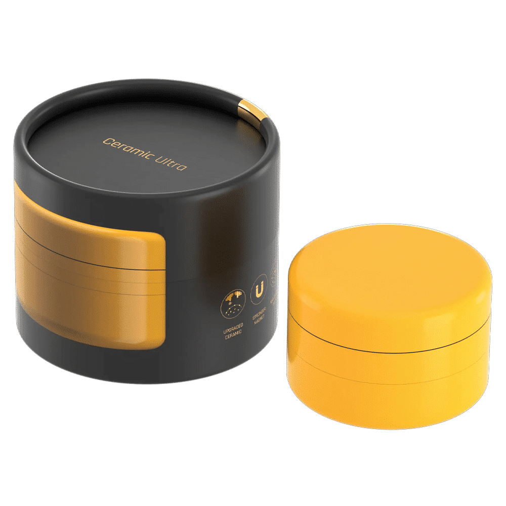 The stylish black and yellow gift box packaging for the grinder kit.