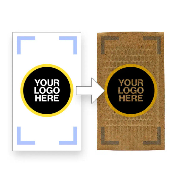 An image demonstrating a custom branding service. On the left is a digital template showing a placeholder that reads "YOUR LOGO HERE". An arrow points to the right, showing the same logo now branded onto a textured, cork-like material.