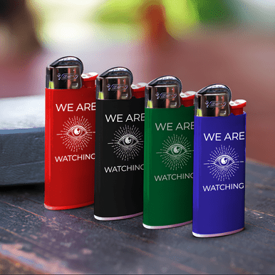 Official BIC lighters in assorted dark colors with custom branding