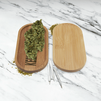 Custom mini bamboo oval rolling tray with organic wood grain