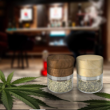 Custom SmoakJar wooden grinder with integrated glass storage jar