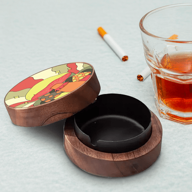 Portable wooden ashtray with cover showing walnut finish and lid functionality