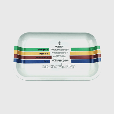 A large 27x16cm custom tin rolling tray with branded design.