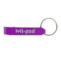 A purple bottle opener made of aluminum, branded with the Mipod logo