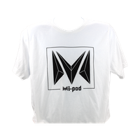 A white Mi-Pod T-shirt, made with 100% cotton and an Mipod logo
