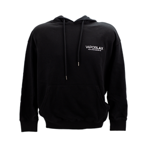 A black cotton sweatshirt, screen-printed with the VaporLax logo