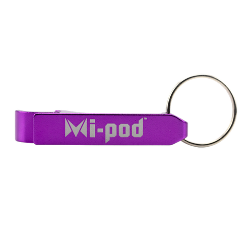 A purple bottle opener made of aluminum, branded with the Mipod logo