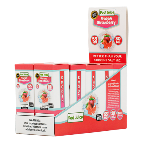 Available in packs of 10, the sweetened Frozen Strawberry flavor e-liquid from Pod Juice