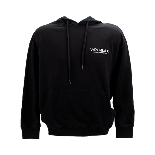 A black cotton sweatshirt, screen-printed with the VaporLax logo