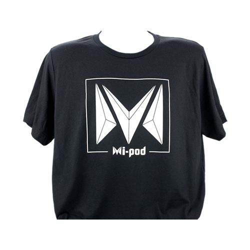 A black Mi-Pod T-shirt, made with 100% cotton and an Mipod logo