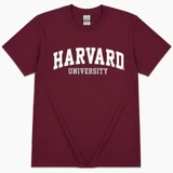 Gildan unisex Harvard University Outline T-shirt with bold collegiate Harvard lettering, available in Maroon, Sport Grey and Charcoal.