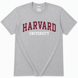 Gildan unisex Harvard University Outline T-shirt with bold collegiate Harvard lettering, available in Maroon, Sport Grey and Charcoal.