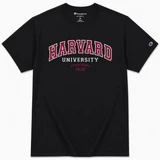 Black Champion Harvard University T-shirt with maroon and white lettering and Established 1636 design.