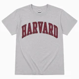 Harvard Gildan T-shirt available in maroon and sport grey featuring classic arched Harvard collegiate lettering on the front, adult sizes Small through 2X.