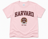 Official Harvard Youth Gildan Heavy Cotton T-Shirt with Harvard crest and Est. 1636 design available in Maroon, Light Pink, and Sport Grey.