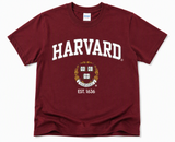 Official Harvard Youth Gildan Heavy Cotton T-Shirt with Harvard crest and Est. 1636 design available in Maroon, Light Pink, and Sport Grey.