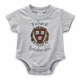 Harvard Future Freshman baby onesie in grey with Harvard shield graphic.