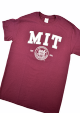 MIT crest maroon t shirt with white lettering and seal logo