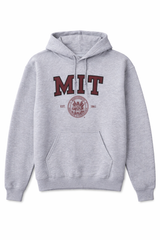 Classic sport grey MIT hooded sweatshirt featuring bold varsity lettering and the official MIT Crest. Soft, durable with a front pocket and drawstring hood. Timeless collegiate style.