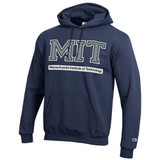 Champion Versa Twill MIT hooded sweatshirt in navy featuring twill applique lettering. Official MIT hoodie with kangaroo pocket and Champion logo, perfect for campus and everyday wear.