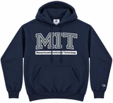 MIT Champion Versa Twill appliqué navy hooded sweatshirt featuring collegiate MIT lettering, Massachusetts Institute of Technology design, and Champion sleeve logo.