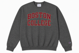 Champion Boston College crew sweatshirt in granite heather featuring maroon and gold collegiate lettering on a white background.