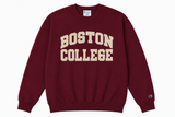Champion Boston College maroon crewneck sweatshirt with cream collegiate lettering on a white background.
