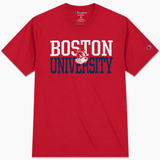 Scarlet red Champion Boston University T-shirt with white and navy collegiate lettering and terrier mascot.
