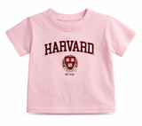 Harvard infant crest t-shirt with Harvard logo and est 1636 design in pink.
