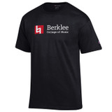Black Champion Berklee College of Music t-shirt with red Berklee logo graphic and collegiate text design.