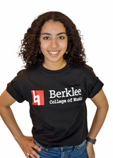 Black Champion Berklee College of Music t-shirt with red Berklee logo graphic and collegiate text design.