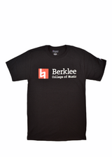 Black Champion Berklee College of Music t-shirt with red Berklee logo graphic and collegiate text design.