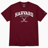 Maroon Harvard Hockey Champion T-shirt with white Harvard lettering and crossed hockey sticks graphic