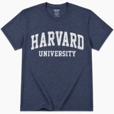 Heather navy Gildan Softstyle Harvard University T-shirt with distressed white collegiate lettering.