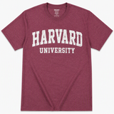 Heather maroon Gildan Softstyle Harvard University T-shirt with distressed white collegiate lettering.