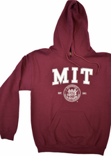 Classic maroon MIT hooded sweatshirt featuring bold varsity lettering and the official MIT Crest. Soft, durable with a front pocket and drawstring hood. Timeless collegiate style.