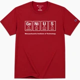 Cardinal red MIT Genius Champion t-shirt with periodic table graphic and Massachusetts Institute of Technology text.