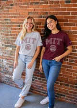 Champion MIT equation seal t-shirt in grey and maroon with detailed MIT graphic lettering and MIT seal design.