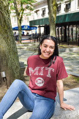 Champion MIT equation seal t-shirt in grey and maroon with detailed MIT graphic lettering and MIT seal design.