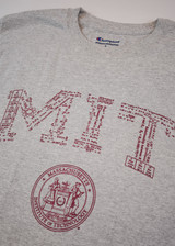 Champion MIT equation seal t-shirt in grey and maroon with detailed MIT graphic lettering and MIT seal design.