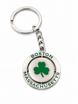 Boston Massachusetts shamrock spinner keychain featuring a green rotating shamrock centerpiece in a silver-tone metal frame on a white background.