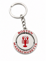 Boston Massachusetts lobster spinner keychain featuring a red lobster emblem in a rotating silver-tone metal frame with durable key ring attachment.