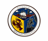 Boston Massachusetts souvenir magnet with lobster, sailing ship and Paul Revere statue.