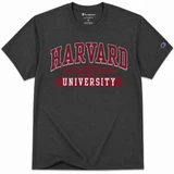 Charcoal Champion Harvard University 1636 T-shirt with distressed maroon and white collegiate graphic.