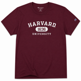 Maroon Champion Harvard University 1636 T-shirt with white collegiate lettering.