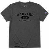 Charcoal Champion Harvard University 1636 T-shirt with black collegiate lettering.