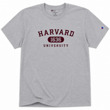 Gray Champion Harvard University 1636 T-shirt with maroon collegiate lettering.