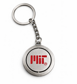 Silver MIT spinner keychain featuring red MIT logo on one side and embossed Great Dome design on reverse.