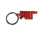Red MIT logo keychain with silver-tone border and metal key ring.