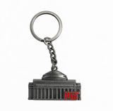 MIT Massachusetts Institute of Technology building metal keychain with silver-tone finish and red MIT lettering